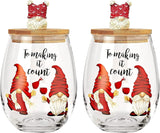 Christmas Gnome Wine & Water Glasses With Dwarf Wood Cover - Set of 2-17.5oz - Santa Holiday Festive Gnomes Stemless Clear Wine Glass For Red Or White Wine - Wines Glass for Women Friends Men Sister from The Wine Savant