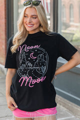 Black neon moon Letter Graphic Short Sleeve Top from MsDressly