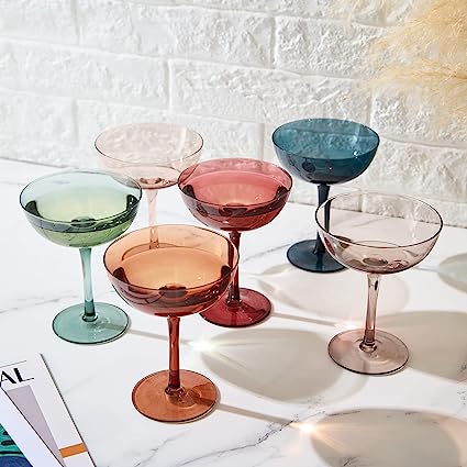 Cocktail & Champagne Coupe Glasses Coupe Cocktail Glasses 7 oz | Set of 6 | Pastel Colored Crystal Cocktail Glassware for Champagne, Martini, Manhattan Goblet Cocktails, Glassware - Luxury Gift Box from The Wine Savant