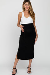 Black Solid Side Slit Maternity Midi Skirt from PinkBlush