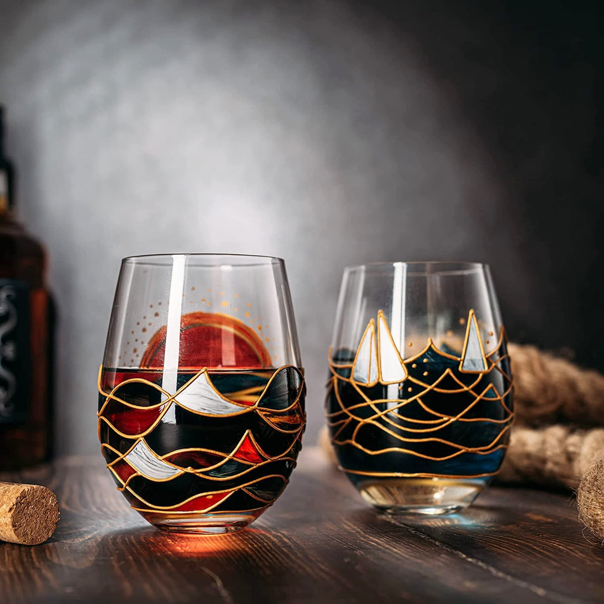 Artisanal Hand Painted Sunrise Glasses, Stemless Set of 2 Wine, Water & Whiskey Glasses - The Wine Savant - Crystal Tumblers - Gift Idea for Her, Him, Birthday, Housewarming - Large Goblets (18.5 OZ) from The Wine Savant
