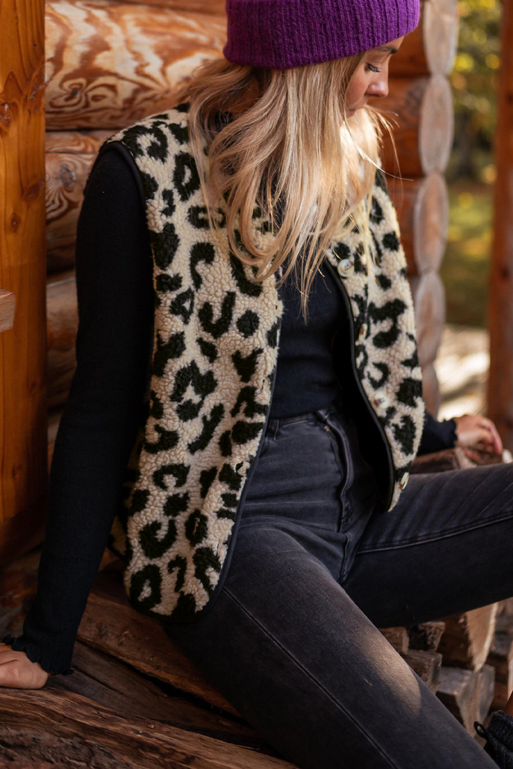 Black Leopard Print Sherpa Vest Coat From MsDressly