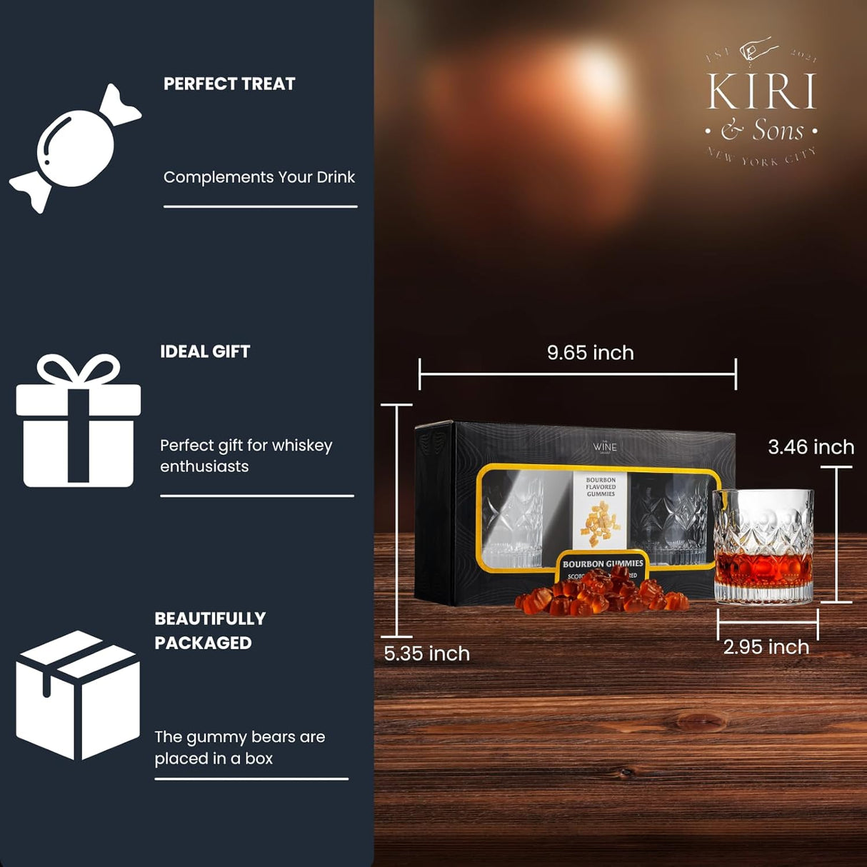 Bourbon Gummy Gift Set & Two Whiskey Glasses - Includes Bourbon Flavored Candy Bears & 2 Crystal Lowball Glassware - Gift for Whisky, Scotch Lovers, Him, Dad, or Husband, Tasting Set for Holiday from The Wine Savant