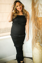 Black Satin Smocked Fitted Maternity Midi Dress from PinkBlush