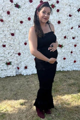 Black Satin Smocked Fitted Maternity Midi Dress from PinkBlush