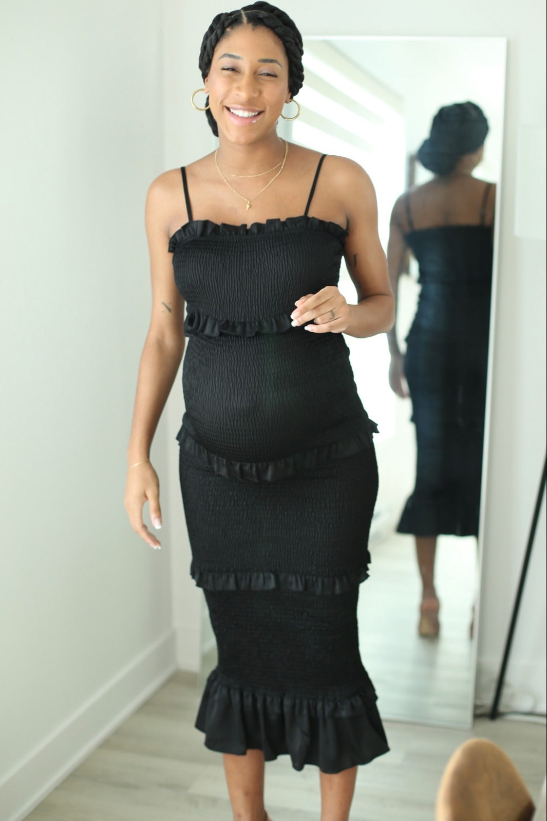 Black Satin Smocked Fitted Maternity Midi Dress from PinkBlush