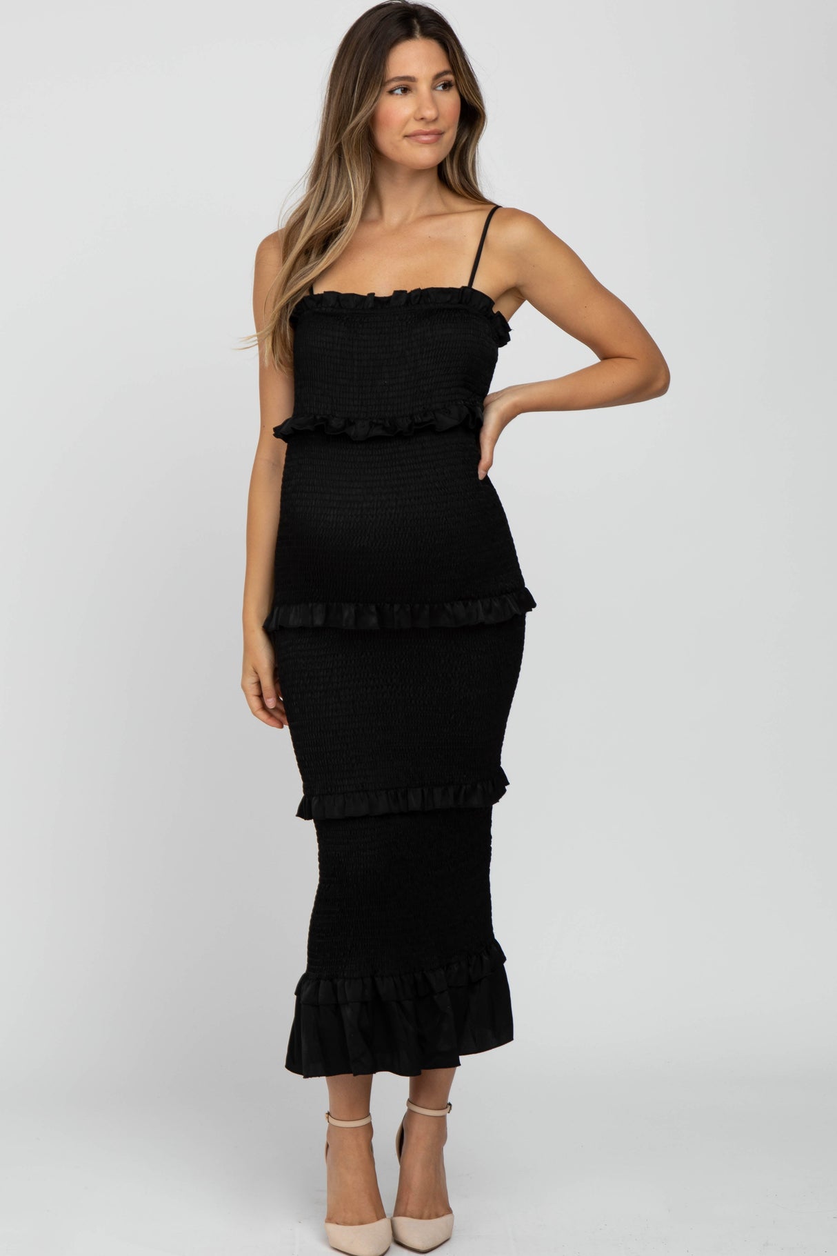 Black Satin Smocked Fitted Maternity Midi Dress from PinkBlush