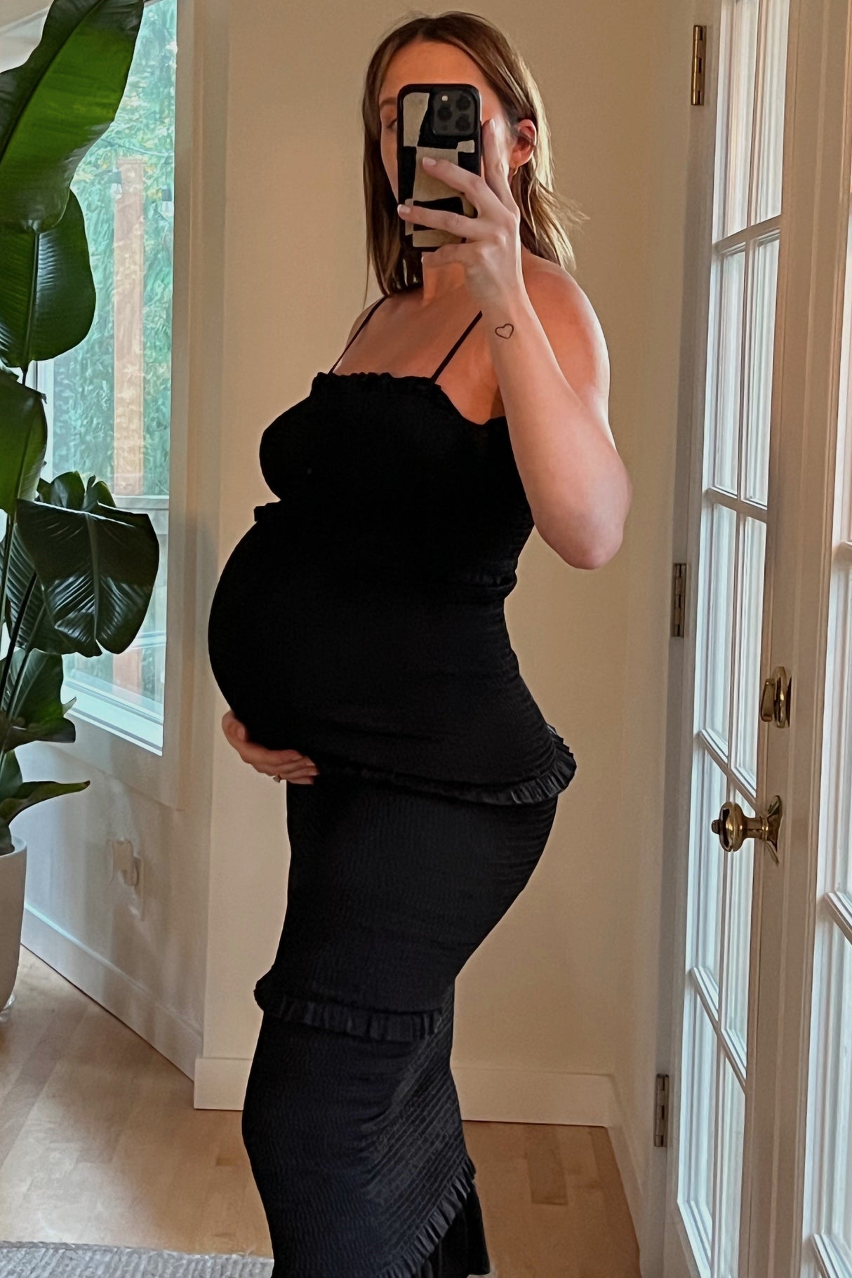 Black Satin Smocked Fitted Maternity Midi Dress from PinkBlush