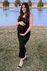 Black Satin Smocked Fitted Maternity Midi Dress from PinkBlush