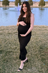 Black Satin Smocked Fitted Maternity Midi Dress from PinkBlush