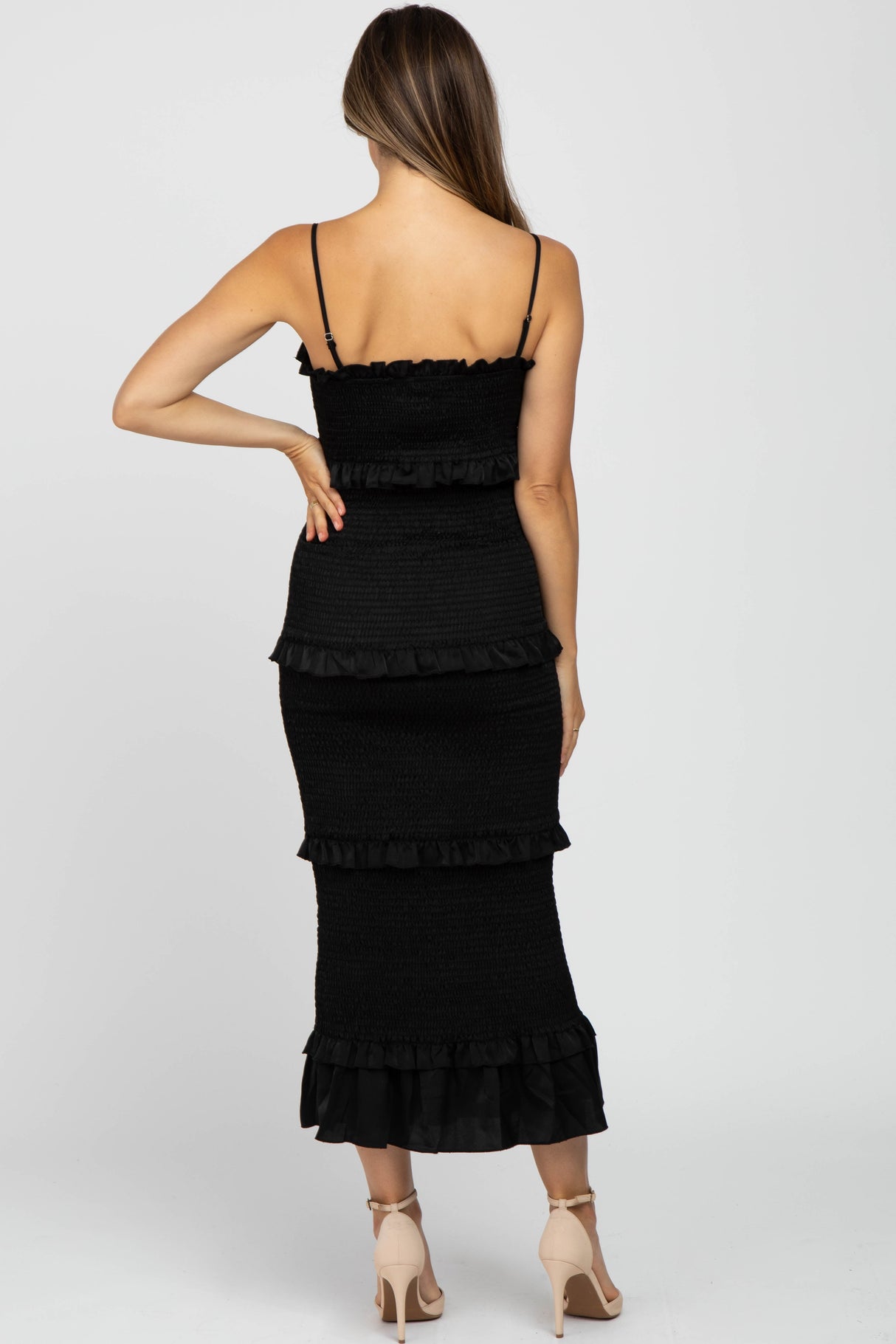 Black Satin Smocked Fitted Maternity Midi Dress from PinkBlush