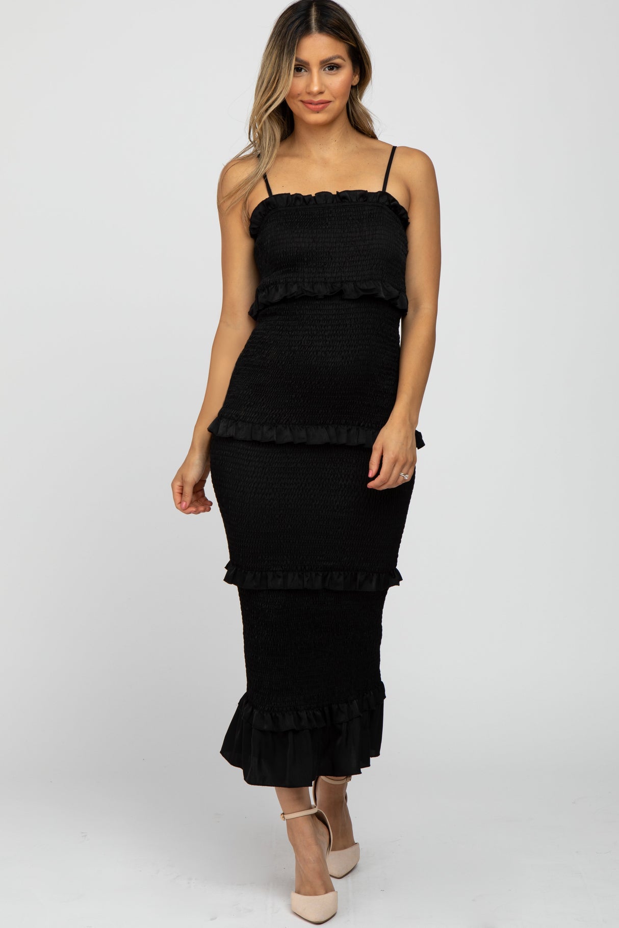 Black Satin Smocked Fitted Maternity Midi Dress from PinkBlush