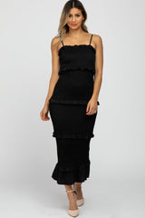 Black Satin Smocked Fitted Maternity Midi Dress from PinkBlush