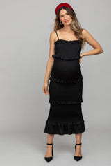 Black Satin Smocked Fitted Maternity Midi Dress from PinkBlush