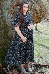 Black Floral Pleated Short Sleeve Chiffon Maternity Midi Dress from PinkBlush
