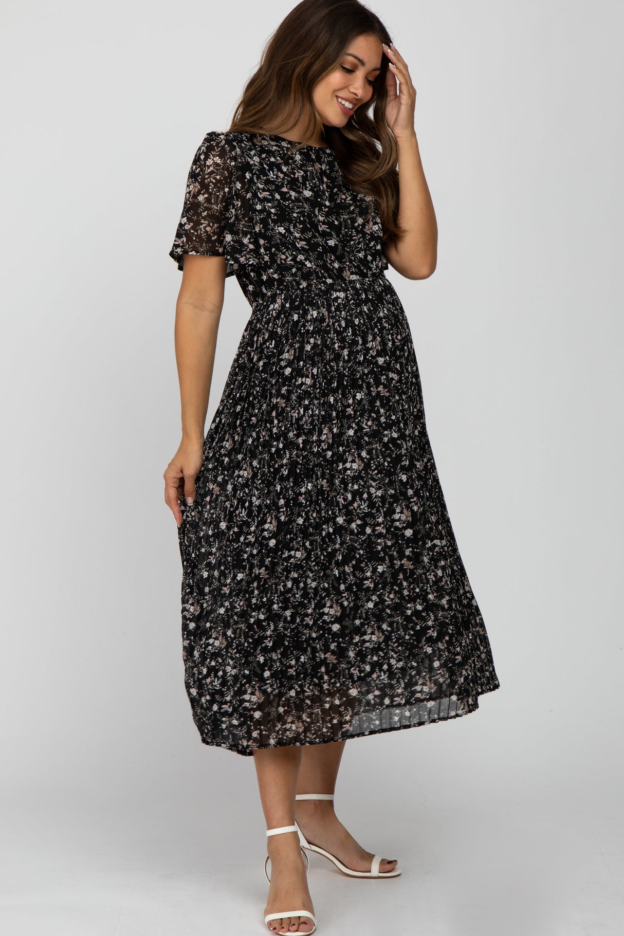 Black Floral Pleated Short Sleeve Chiffon Maternity Midi Dress from PinkBlush