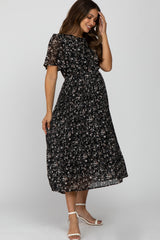 Black Floral Pleated Short Sleeve Chiffon Maternity Midi Dress from PinkBlush