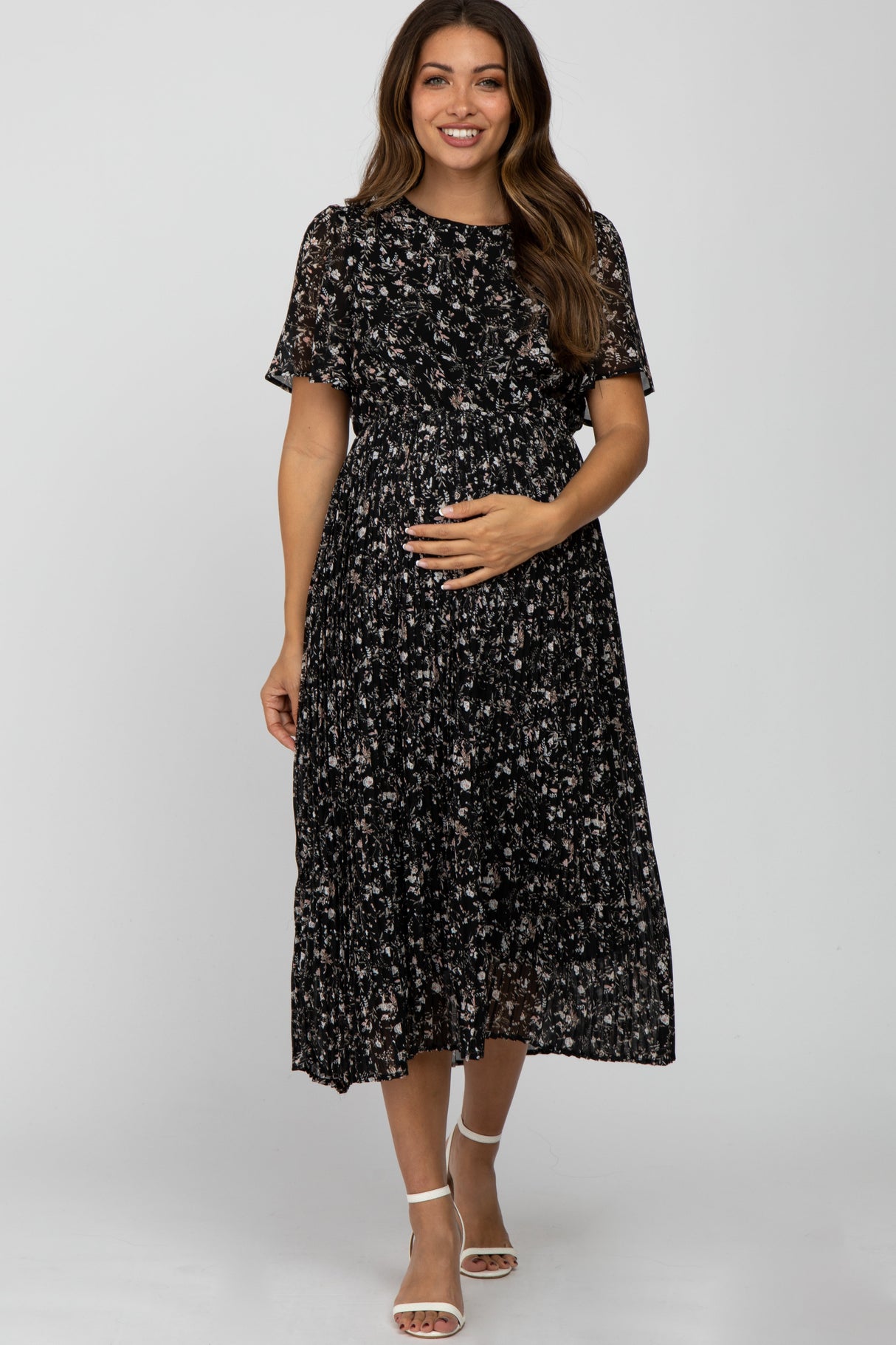 Black Floral Pleated Short Sleeve Chiffon Maternity Midi Dress from PinkBlush