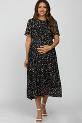 Black Floral Pleated Short Sleeve Chiffon Maternity Midi Dress from PinkBlush