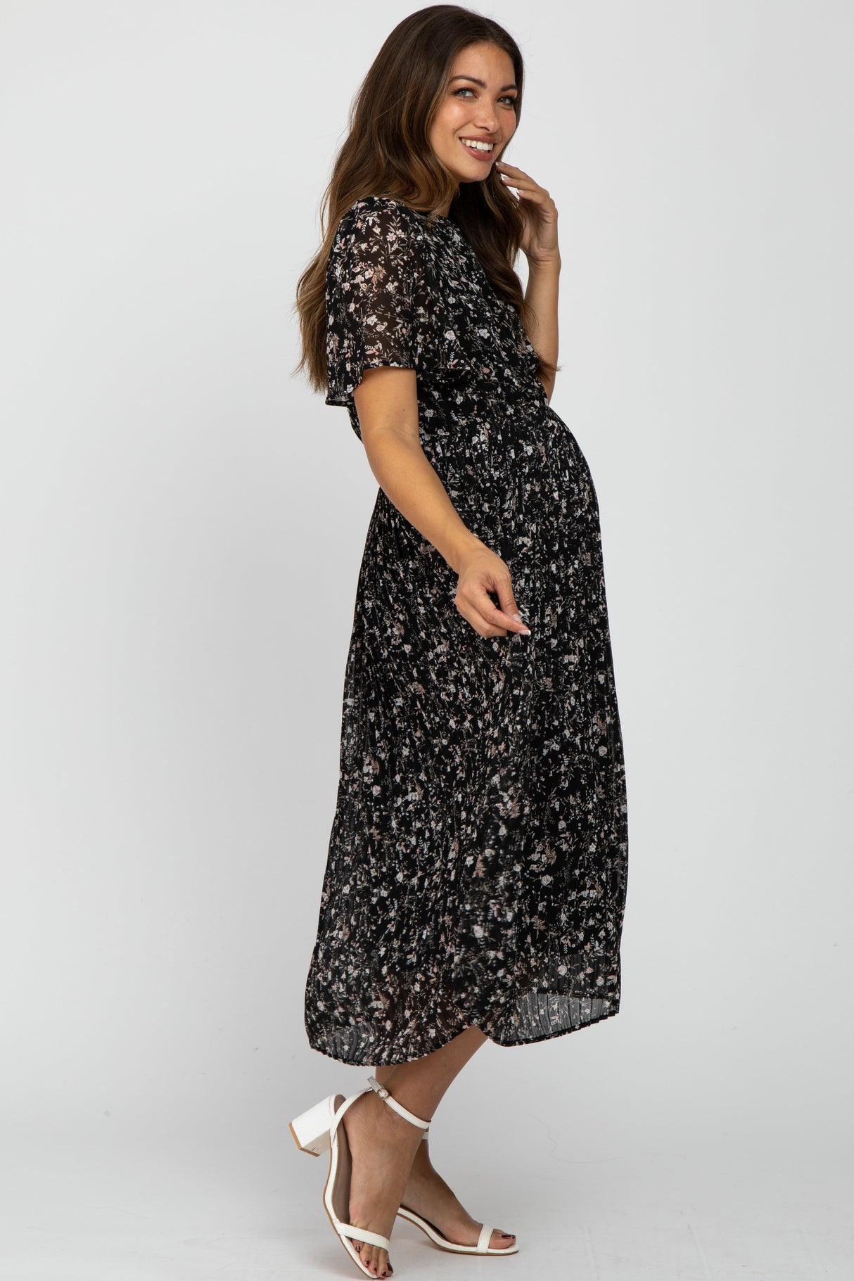 Black Floral Pleated Short Sleeve Chiffon Maternity Midi Dress from PinkBlush