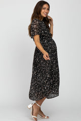 Black Floral Pleated Short Sleeve Chiffon Maternity Midi Dress from PinkBlush