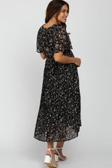 Black Floral Pleated Short Sleeve Chiffon Maternity Midi Dress from PinkBlush
