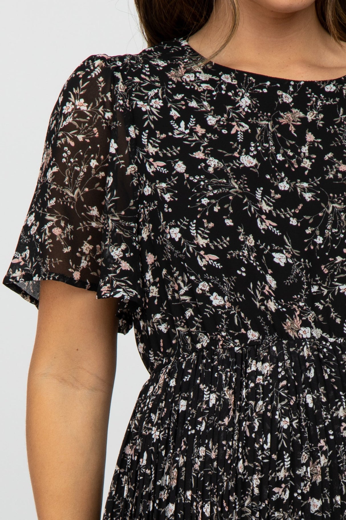 Black Floral Pleated Short Sleeve Chiffon Maternity Midi Dress from PinkBlush