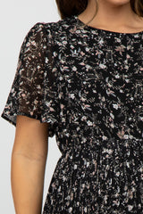 Black Floral Pleated Short Sleeve Chiffon Maternity Midi Dress from PinkBlush