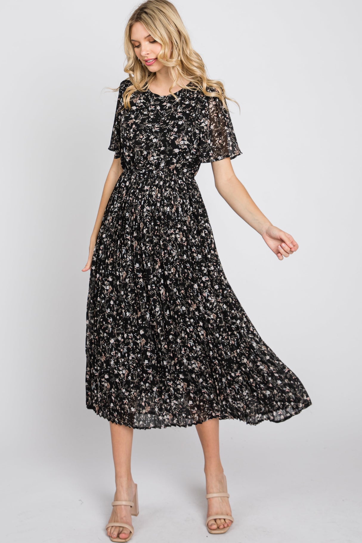 Black Floral Pleated Short Sleeve Chiffon Maternity Midi Dress from PinkBlush