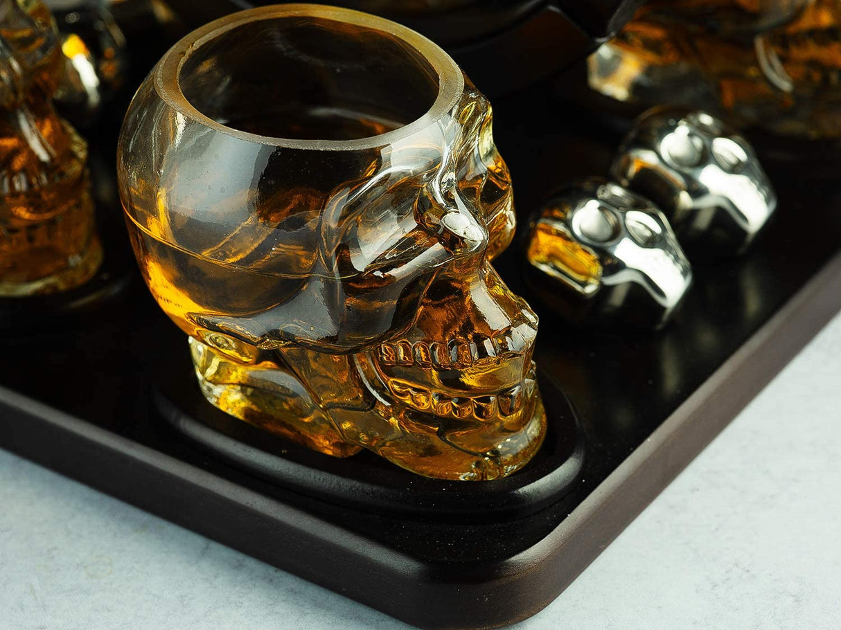 Skull Skeleton Wine & Whiskey Globe Decanter Set 850 mL With 4 Skull Head 3oz Skeletons Shot Glasses And Skull Chillers Wooden Base Decor Glass Goth Spooky Drinking Glassware from The Wine Savant