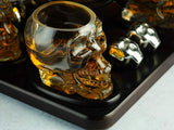 Skull Skeleton Wine & Whiskey Globe Decanter Set 850 mL With 4 Skull Head 3oz Skeletons Shot Glasses And Skull Chillers Wooden Base Decor Glass Goth Spooky Drinking Glassware from The Wine Savant