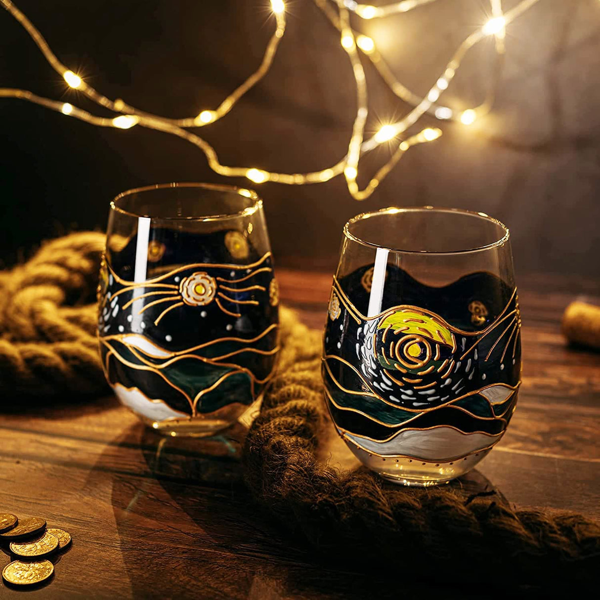 Vincent Van Gogh Wine Glasses Artisanal Hand Painted Stemless Set of 2 - The Wine Savant - 2 Set of Tumblers - Artistic Gift Idea for Her, Him, Birthday, Housewarming - Extra Large Goblets (18.5 OZ) from The Wine Savant