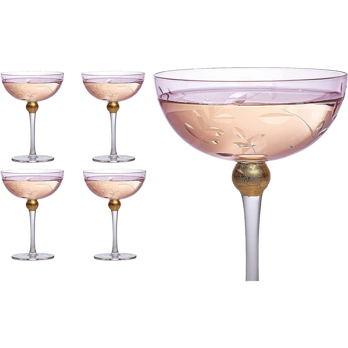 Colored Coupe Art Deco Glasses, Gold | Set of 4 | 8 oz Classic Cocktail Glassware for Champagne, Martini, Manhattan, Sidecar, Crystal Speakeasy Style Goblets Stems (Pink) from The Wine Savant