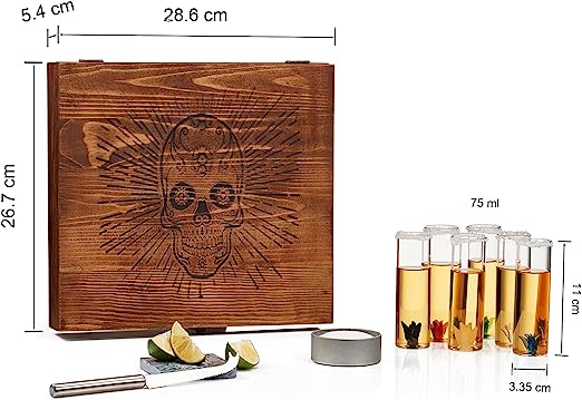Tequila Shot Glass & Salt Gift Set for Men & Women | Six Agave Shot Glasses, Knife For Limes, One Skull Coaster, One Salt Tin | Skeleton Mahogany Wood Box Package For Tequila, Liquor Lovers from The Wine Savant