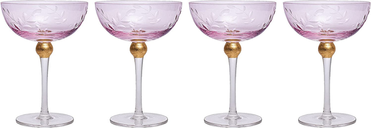 Colored Coupe Art Deco Glasses, Gold | Set of 4 | 8 oz Classic Cocktail Glassware for Champagne, Martini, Manhattan, Sidecar, Crystal Speakeasy Style Goblets Stems (Pink) from The Wine Savant