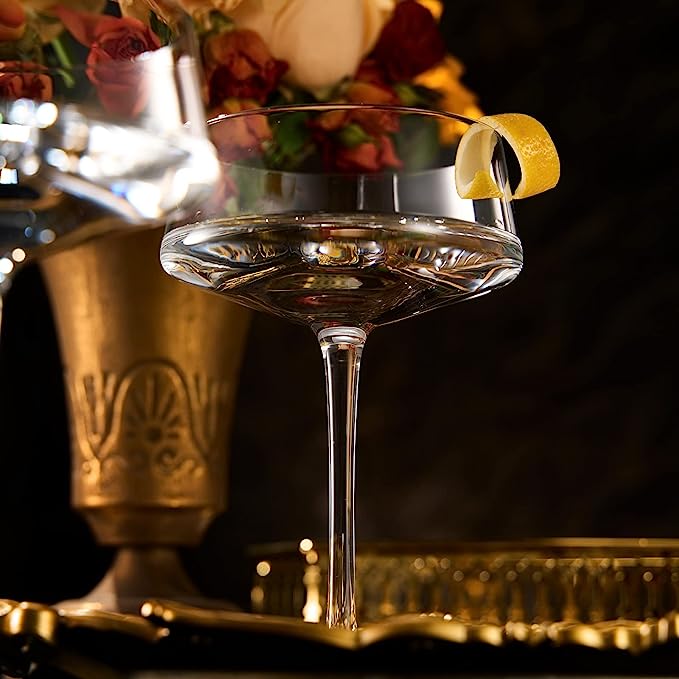 Luxury Martini Glass Set of 2 | 10oz | Crystal Luxury Martini with Silver Spoon, Premium Hand-Blown | Classic Cocktail & Champagne Clear Coupes For Manhattan, Cosmopolitan, Sidecar, Speakeasy Goblets from The Wine Savant