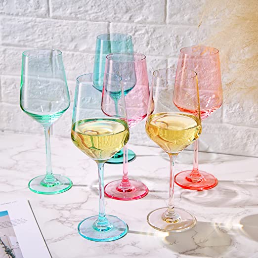 Colored Crystal Wine Glass Set of 6, Gift For Mothers Day, Her, Wife, Mom Friend - Large 12 oz Glasses, Unique Italian Style Tall Drinkware - Red & White, Dinner, Beautiful Glassware - (Summer) from The Wine Savant