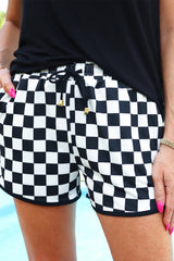 Black Checkered Drawstring Elastic Waist Casual Shorts from MsDressly