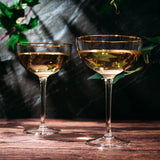 Vintage Crystal Champagne Coupe Gold Rim Glasses | Set of 2 | 7 oz, Gilded Rim Classic Cocktail Glassware - Martini, Manhattan, Cosmopolitan, Sidecar, Daiquiri | 1920s Style Saucer Goblets | Gift Box from The Wine Savant