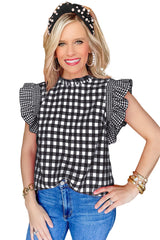 Black Checkered Ruffled Sleeve Frilled Neck Blouse from MsDressly