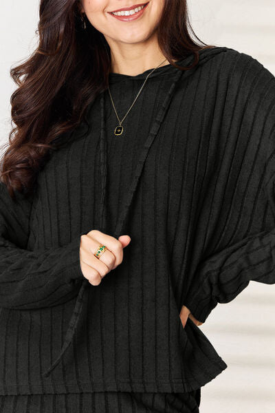 Basic Bae Full Size Ribbed Drawstring Hooded Top and Straight Pants Set from Enfance-Heureuse