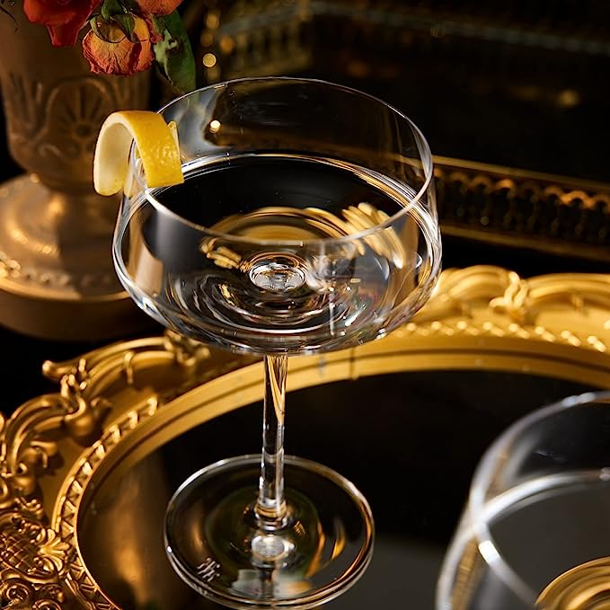 Luxury Martini Glass Set of 2 | 10oz | Crystal Luxury Martini with Silver Spoon, Premium Hand-Blown | Classic Cocktail & Champagne Clear Coupes For Manhattan, Cosmopolitan, Sidecar, Speakeasy Goblets from The Wine Savant