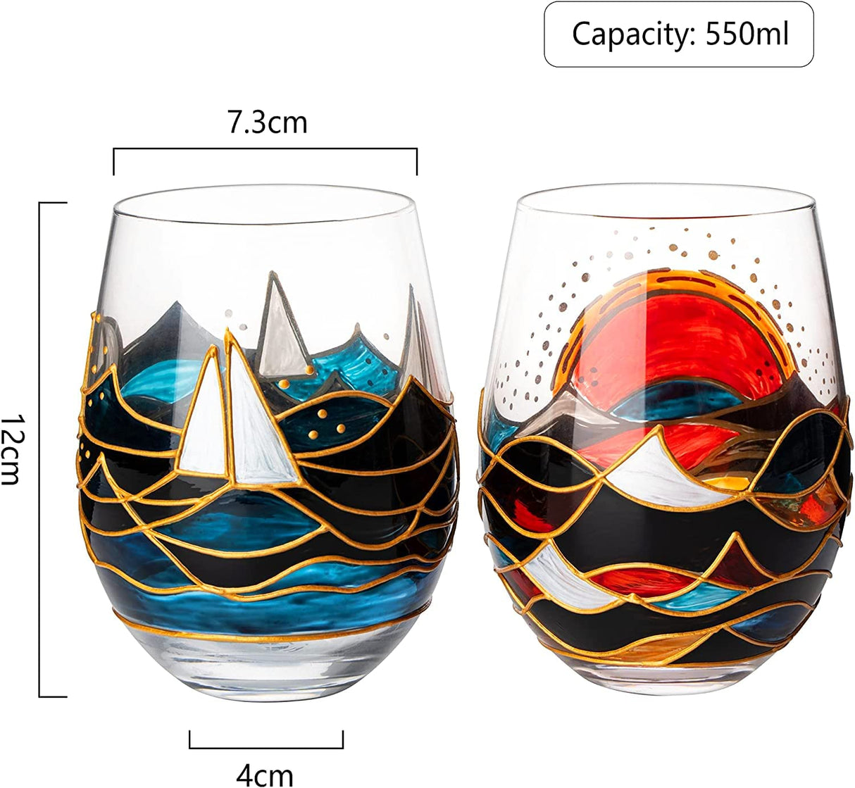 Artisanal Hand Painted Sunrise Glasses, Stemless Set of 2 Wine, Water & Whiskey Glasses - The Wine Savant - Crystal Tumblers - Gift Idea for Her, Him, Birthday, Housewarming - Large Goblets (18.5 OZ) from The Wine Savant