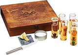Tequila Shot Glass & Salt Gift Set for Men & Women | Six Agave Shot Glasses, Knife For Limes, One Skull Coaster, One Salt Tin | Skeleton Mahogany Wood Box Package For Tequila, Liquor Lovers from The Wine Savant