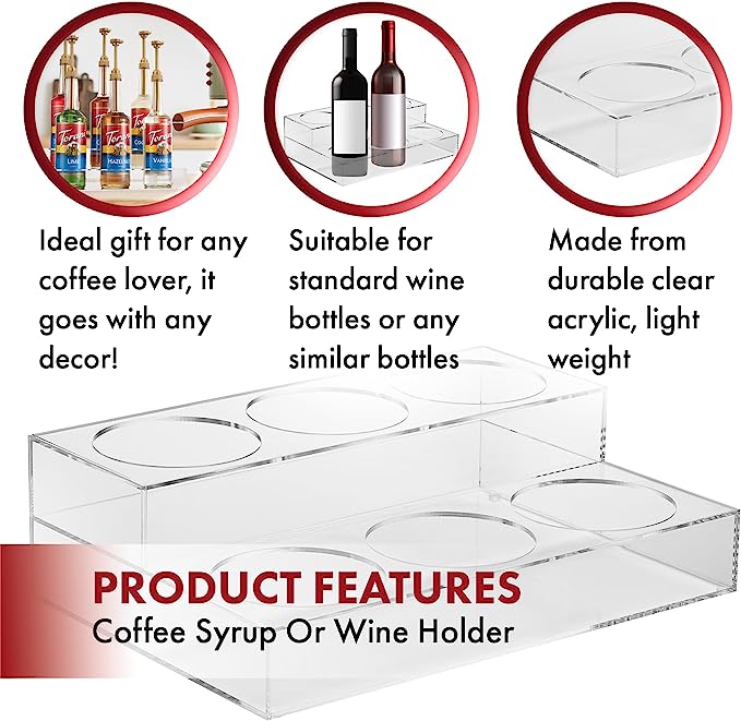 Acrylic Bottle Holder, Coffee Syrup Rack Display Case | 2-Tiered 6 Bottle | Wine Bar Bottle Rack, Clear Shelf Rack for Kitchen, Countertop, Fridge Pantry Storage Organizer - Wine, Soda, Cans, Liquor from The Wine Savant