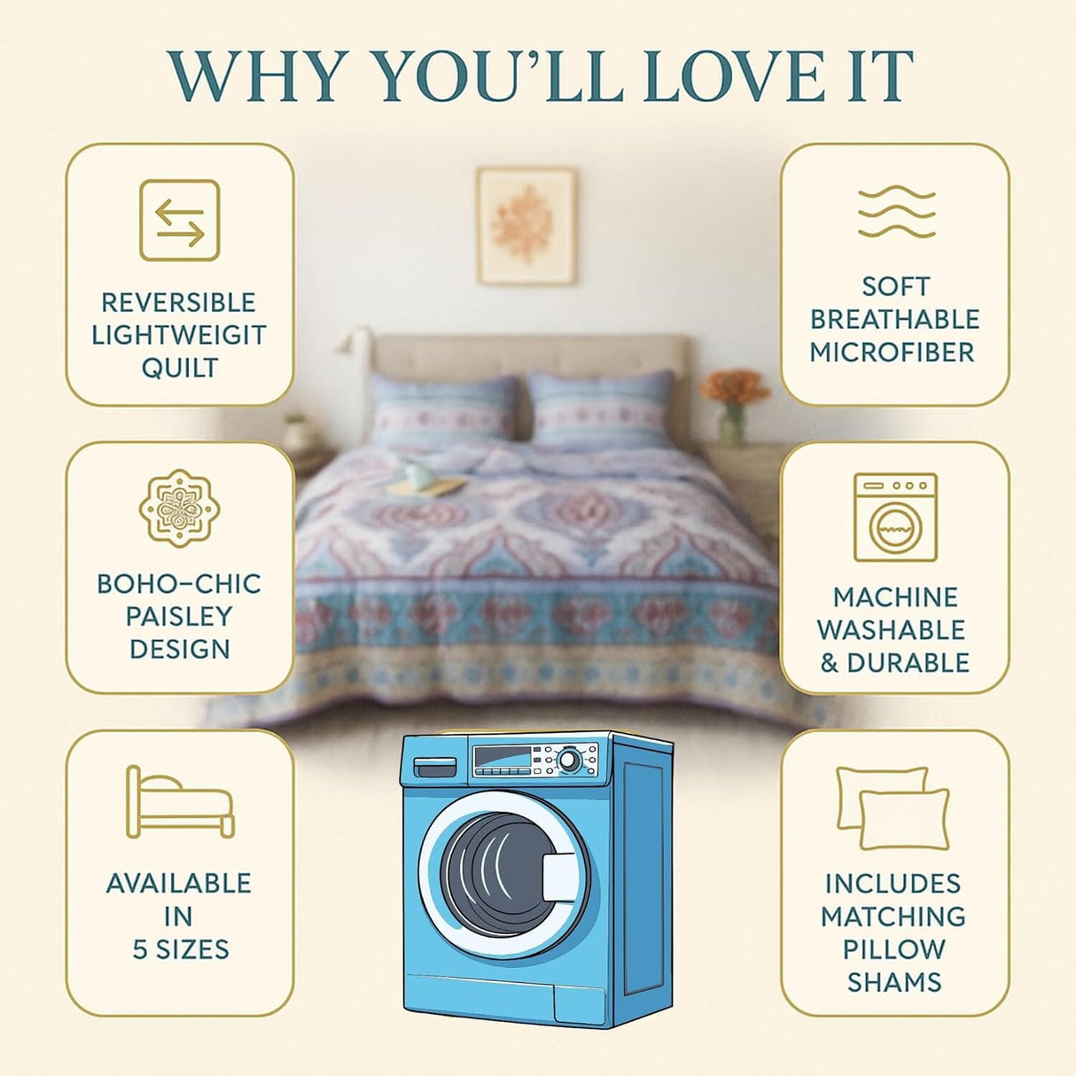 DaDa Bedding Bohemian Summertime White Blue Floral Paisley Bedspread Set (KSX-003) from DaDalogy Bedding Collection