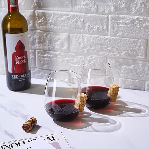 Corked Stemless Wine Glasses | Set of 2 | Stuck In The Glass Wine Cork Cocktail Glassware, Enthusiast Gift, Artisanal Crystal Glassware - Gift Idea for Him, Her, Wine Lover, Housewarming (19.6 OZ) from The Wine Savant