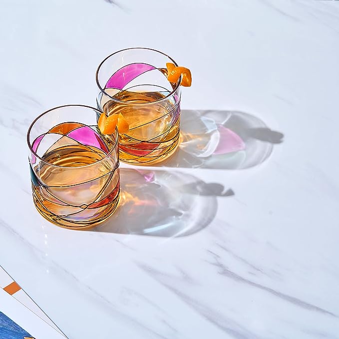Artisanal Hand Painted Whiskey - Gift for Dad, Friends, Boyfriends, Renaissance Romantic Stain-glassed Windows Cocktail Glasses Set of 2 - Gift Idea for Birthday, Housewarming - 9.6 OZ Glassware from The Wine Savant