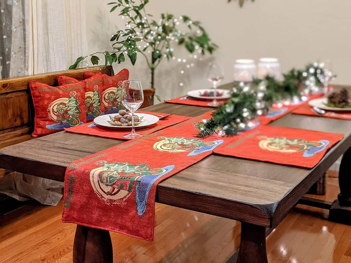 DaDa Bedding Red Santa Claus Christmas Tree Woven Tapestry Dining Table Runner (17615) from DaDalogy Bedding Collection