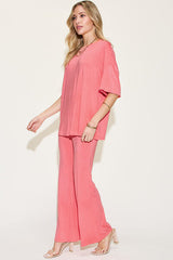 Basic Bae Full Size Bamboo Drop Shoulder T-Shirt and Flare Pants Set from Enfance-Heureuse